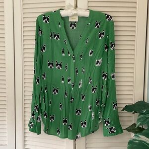 Maeve Anthropologie Green Blouse with Dog Pattern